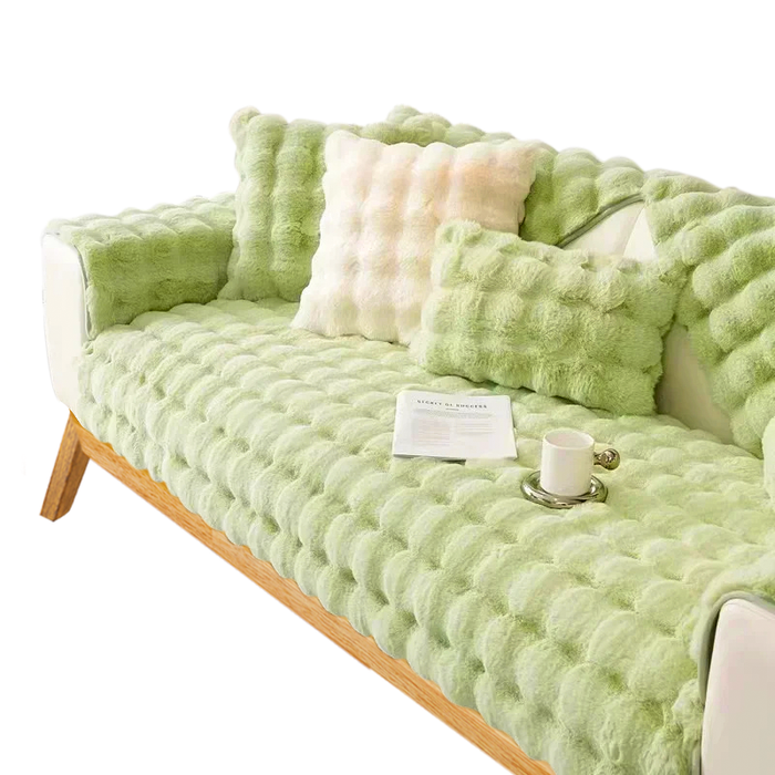 Anyhouz Sofa Towel Super Soft Rabbit Plush Light Green Thicken Bubble Velvet Non-slip Sectional Sofa Cover Non-slip L-shaped Couch Cover