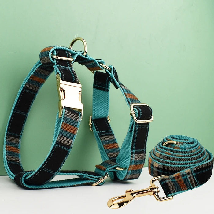 Anywags Pet Harness Leash Plaid Dark Green Heavy Duty DIY Metal Dog Leash