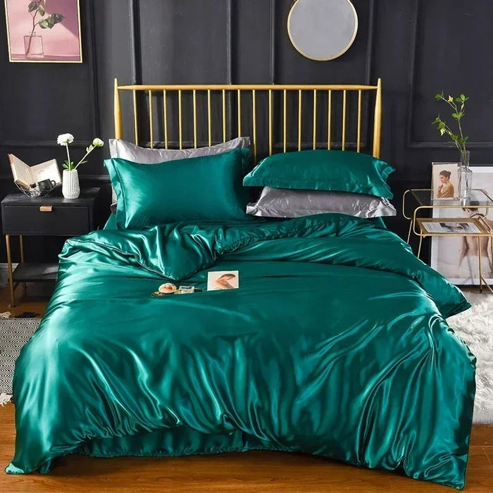 Anyhouz Beddings Green EU Double Size 3 Pcs High End Satin Smooth Duvet Cover Set Luxury Polyester Silky Soft Cozy Bedding Set