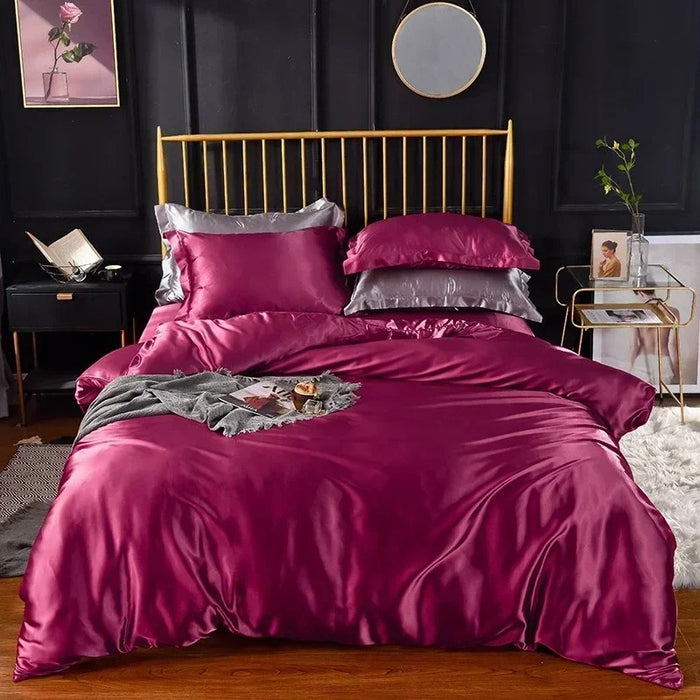 Anyhouz Beddings Magenta US Twin Size 3 Pcs High End Satin Smooth Duvet Cover Set Luxury Polyester Silky Soft Cozy Bedding Set