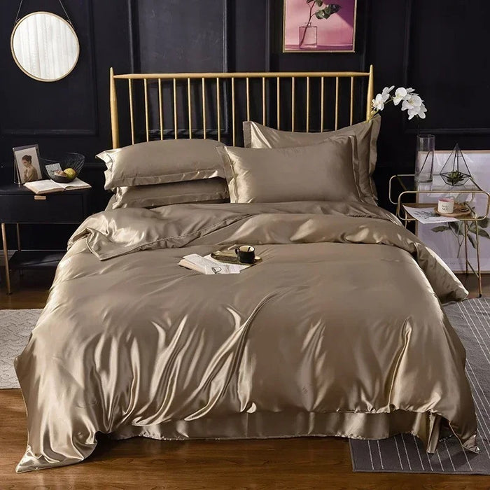 Anyhouz Beddings Tan Brown US Full Size 3 Pcs High End Satin Smooth Duvet Cover Set Luxury Polyester Silky Soft Cozy Bedding Set