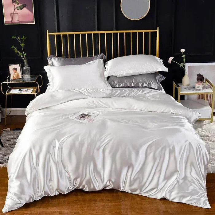 Anyhouz Beddings White US Queen Size 3 Pcs High End Satin Smooth Duvet Cover Set Luxury Polyester Silky Soft Cozy Bedding Set