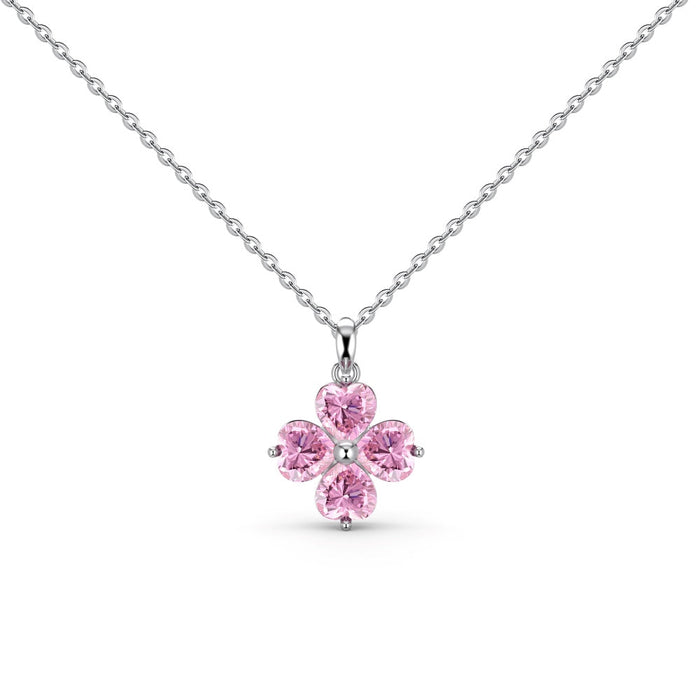 Anyco Necklace 925 Silver for Women Pink Heart Clover Leaf Pendant Cubic Zirconia 5A Rhodium Platting Jewelry