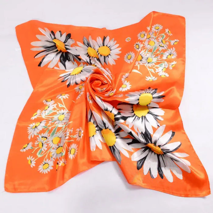 Anyyou Scarf for Women Daisy Orange Floral Printed Square Silk Shawl For Summer Spring And Fall