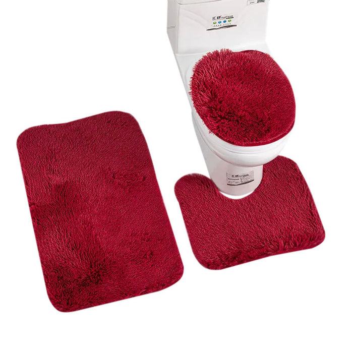 Anyhouz Bath Mat 3pc Burgundy Bathroom Silk Tie-Dye Toilet Soft Non Slip Rug Shower Carpets Toilet Lid Cover Floor Mats for Hallway