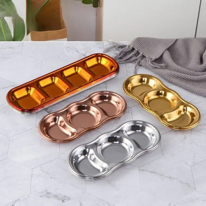 Anygleam Gold Stainless Steel 3 Grid Seasoning Sauce Dish Plates Dipping Kitchenware