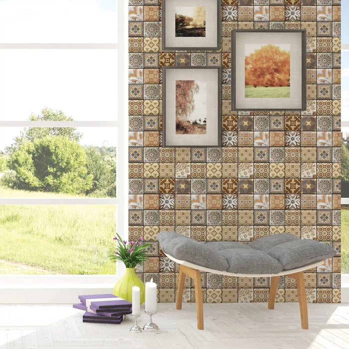 Anyhouz 10pcs Vinyl Tile Self Adhesive Brown Stone Pattern Waterproof PVC Brick Wall Panels Stickers for Home Decoration