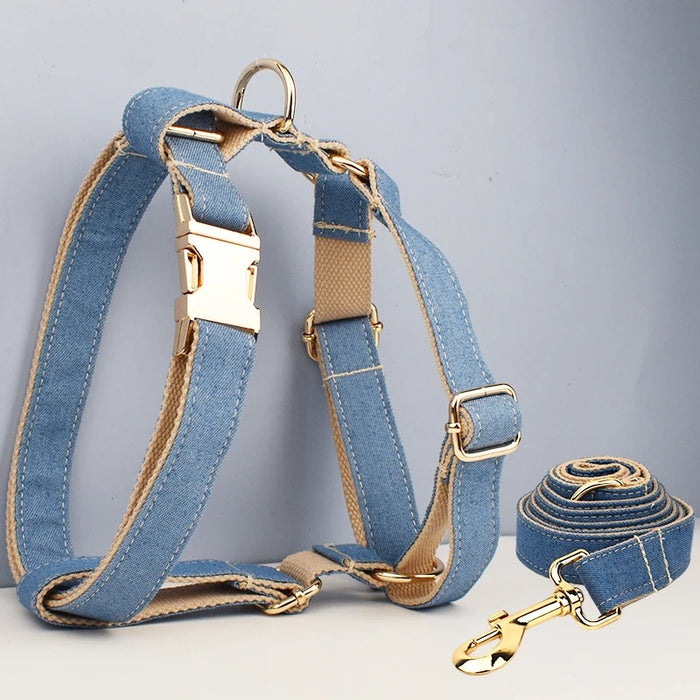 Anywags Pet Harness Leash Denim Blue Cream Heavy Duty DIY Metal Dog Leash