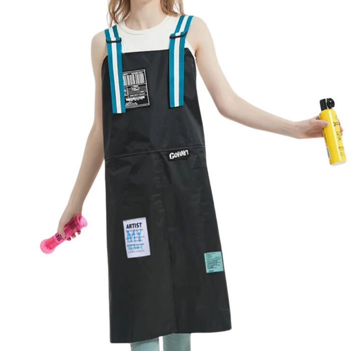 Anyhouz Kitchen Apron Black with blue 2 Bags Bibs Trendy Waterproof Oil Resistant Overall Chef Adjustable Nail Salon