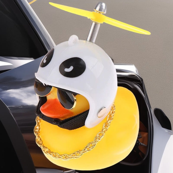 Anypack Car Ornaments Rubber Yellow Duck for Car Dashboard Decorations Cool Glasses Duck with Panda Propeller Helmet Gold Chain