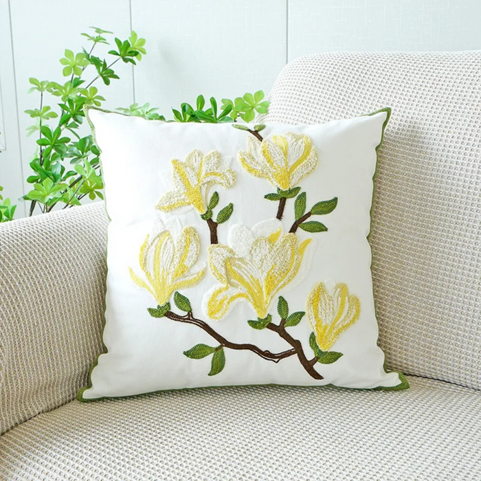 Anyhouz Pillowcase White With Yellow Magnolia Flower Embroidered Decorative Cushion Cover