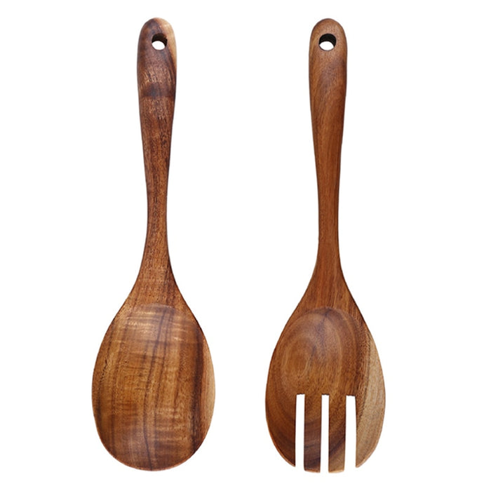 Anygleam Brown 2pcs Wooden Spoon Fork Ladle Kitchen Tableware