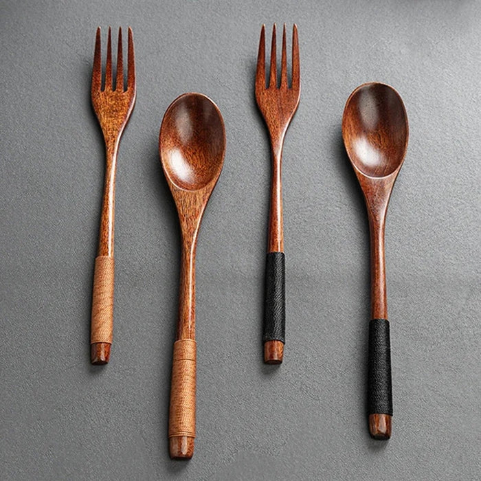 Anygleam Brown 2pcs Wooden Fork Set Food Kitchen Tableware