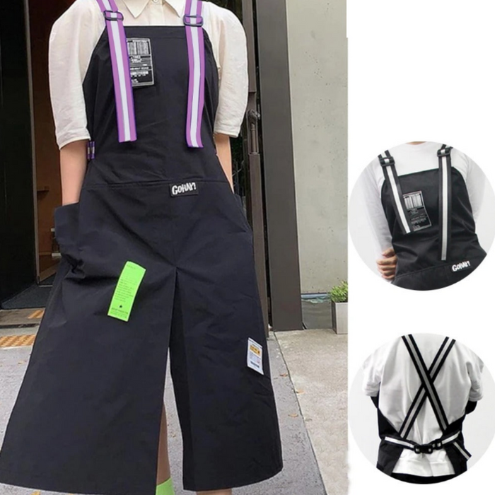 Anyhouz Kitchen Apron Black with blue 2 Bags Bibs Trendy Waterproof Oil Resistant Overall Chef Adjustable Nail Salon