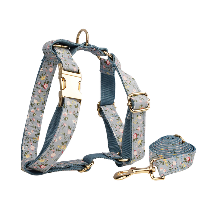 Anywags Pet Harness Leash Blue Floral Heavy Duty DIY Metal Dog Leash