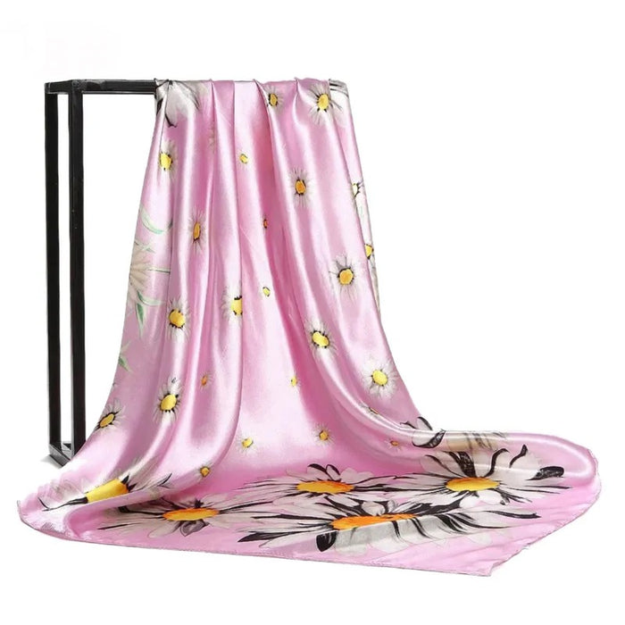 Anyyou Scarf for Women Daisy Pink Floral Printed Square Silk Shawl For Summer Spring And Fall