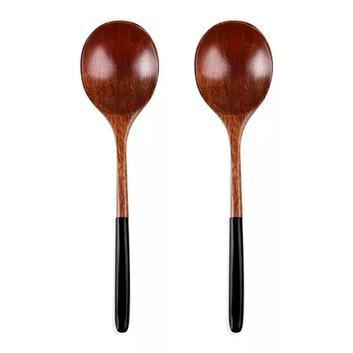 Anygleam Brown Black 2pcs Big Wooden Soup Spoon Kitchen Tableware