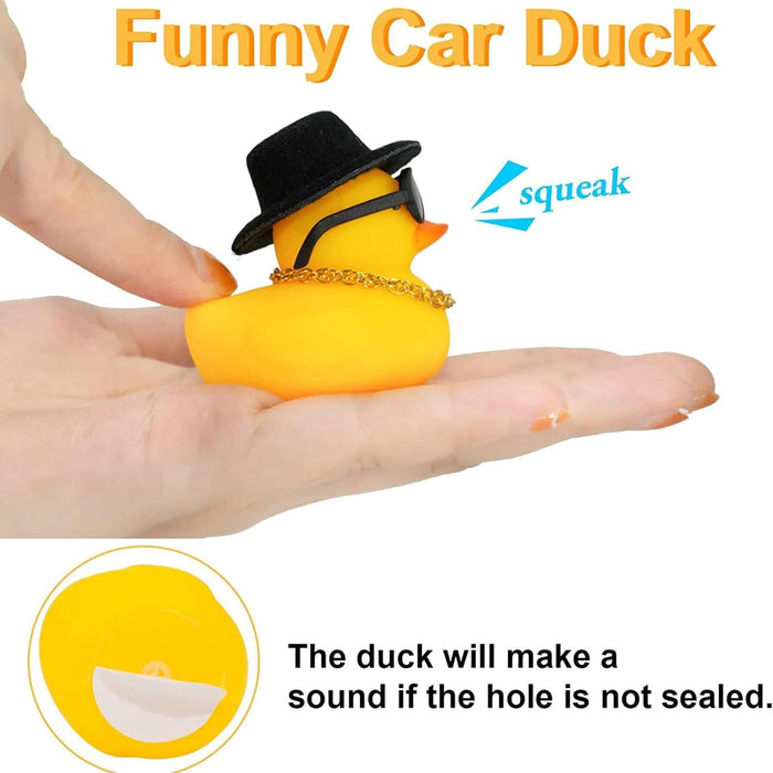 Anypack Car Ornaments Rubber Yellow Duck for Car Dashboard Decorations Cool Glasses Duck with Black 8 Ball Propeller Helmet Gold Chain