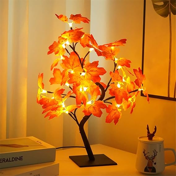 Anyhouz Table Lamp Faux Leaves 24 LED Bonsai Tree Desk Light USB Rechargeable For Living Room