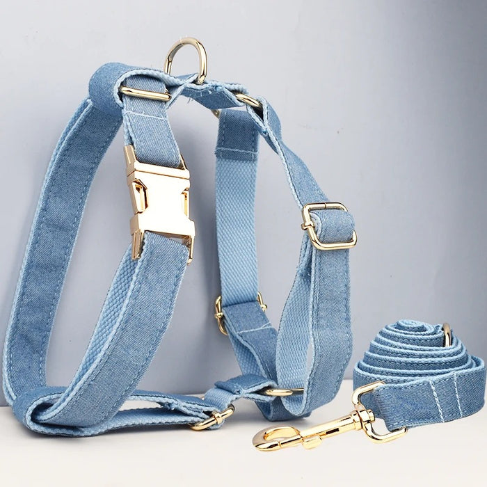 Anywags Pet Harness Leash Denim Blue Heavy Duty DIY Metal Dog Leash