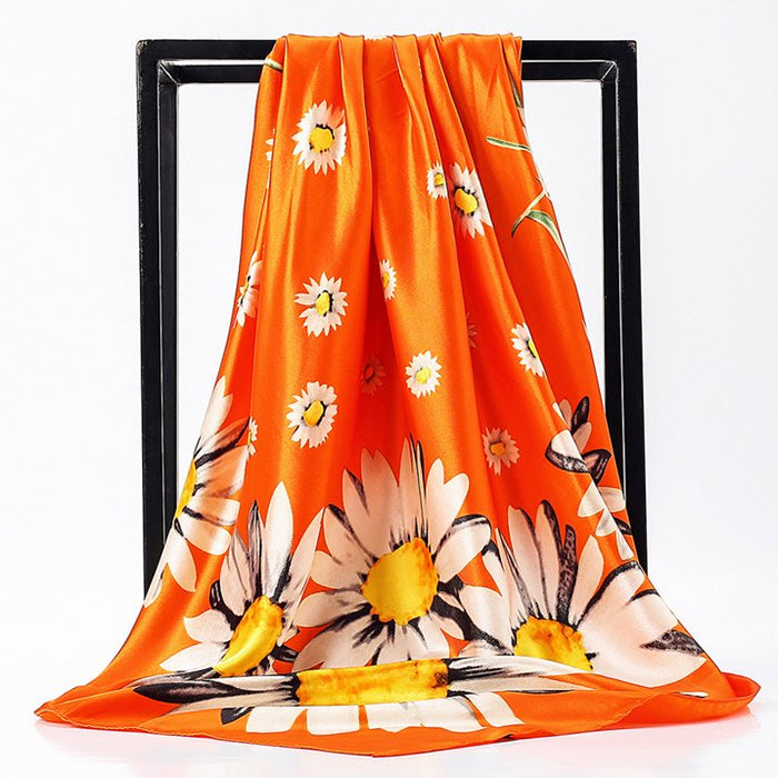 Anyyou Scarf for Women Daisy Orange Floral Printed Square Silk Shawl For Summer Spring And Fall