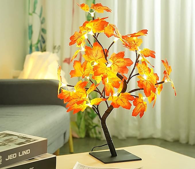 Anyhouz Table Lamp Faux Leaves 24 LED Bonsai Tree Desk Light USB Rechargeable For Living Room