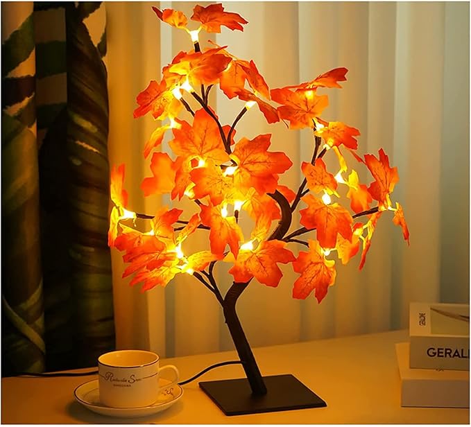 Anyhouz Table Lamp Faux Leaves 24 LED Bonsai Tree Desk Light USB Rechargeable For Living Room