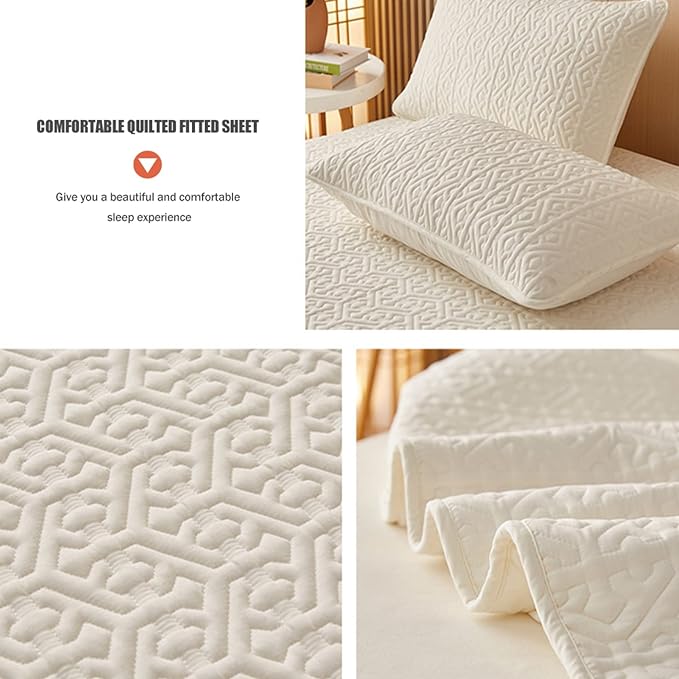 Anyhouz Mattress Cover Beige 160x200cm Pure Cotton Soft Quilted Bed Sheet Anti-bacterial Protector Cover