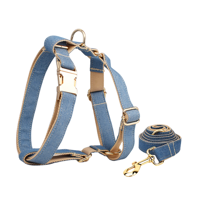 Anywags Pet Harness Leash Denim Blue Cream Heavy Duty DIY Metal Dog Leash