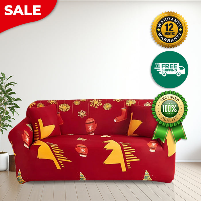 Anyhouz Sofa Cover Red Plaid Christmas Tree Bells Design Non Slip Stretchable Slipcover