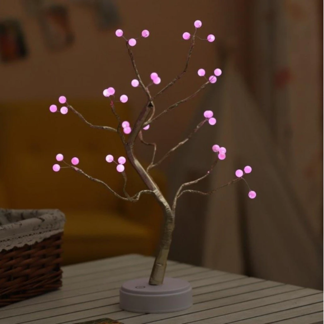 Anyhouz Table Lamp Pink 36 LED Bonsai Tree Desk Light USB Rechargeable For Living Room