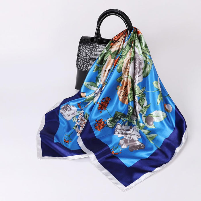 Anyyou Scarf for Women Peony Blue Printed Polyester Silk Big Square Silk 90*90cm Satin For Spring Summer Autumn Winter