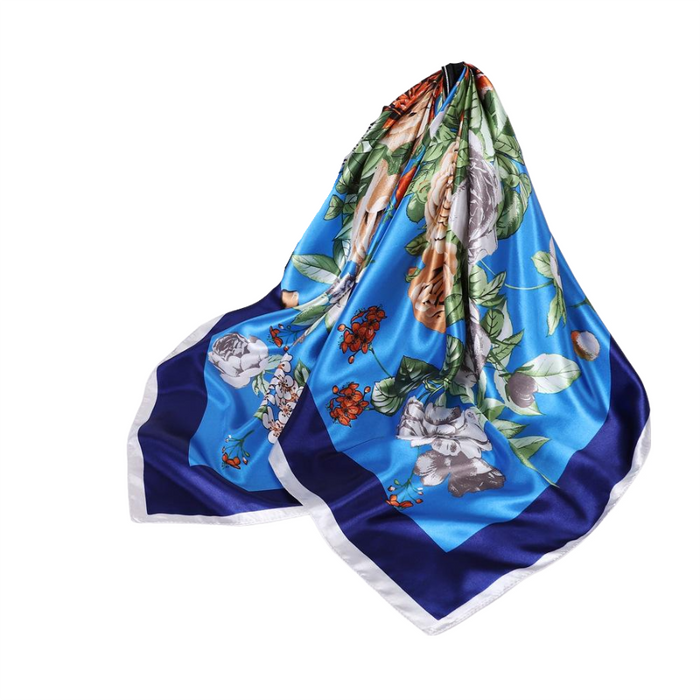 Anyyou Scarf for Women Peony Blue Printed Polyester Silk Big Square Silk 90*90cm Satin For Spring Summer Autumn Winter