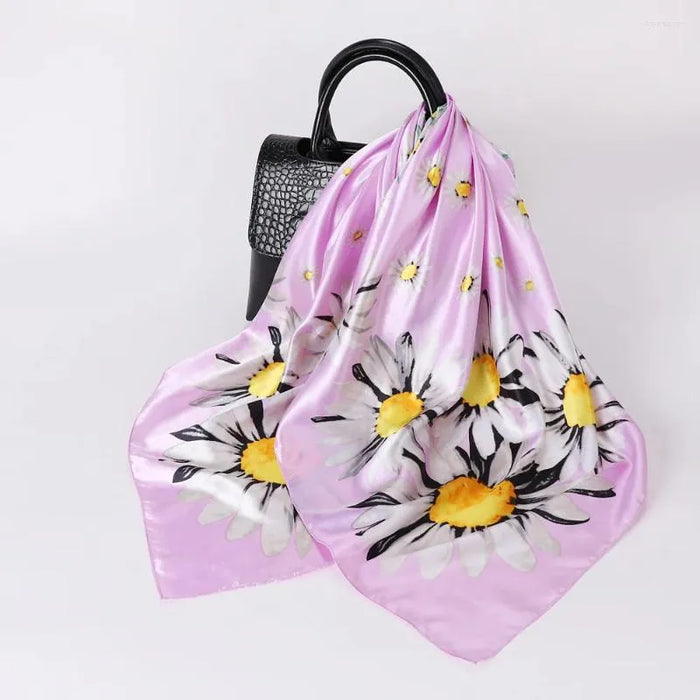 Anyyou Scarf for Women Daisy Pink Floral Printed Square Silk Shawl For Summer Spring And Fall