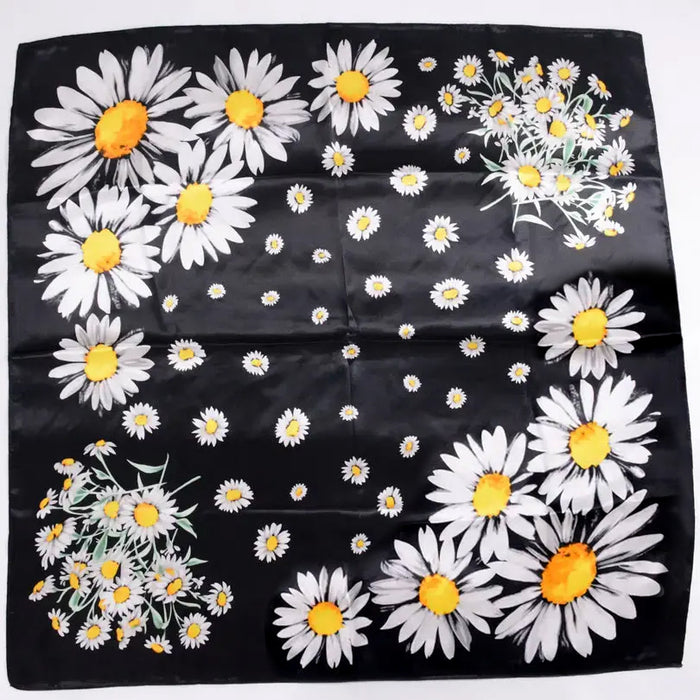 Anyyou Scarf for Women Daisy Black Floral Printed Square Silk Shawl For Summer Spring And Fall