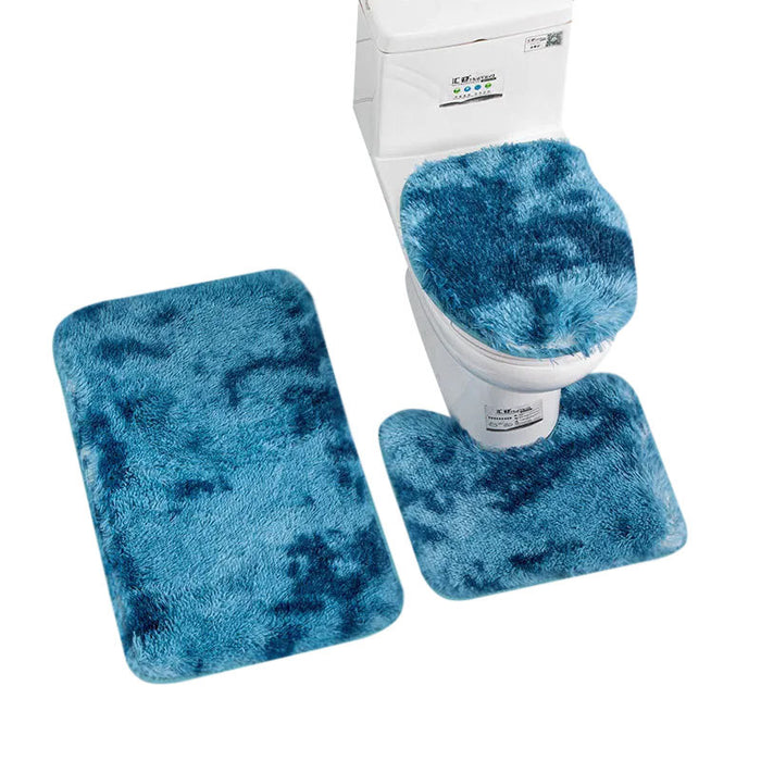 Anyhouz Bath Mat 3pc Dye Blue Bathroom Silk Tie-Dye Toilet Soft Non Slip Rug Shower Carpets Toilet Lid Cover Floor Mats for Hallway