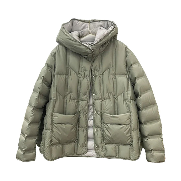 Anychic Puffer Jacket Green Womens Single Breasted Stand Collar Down Hooded Winter Coat