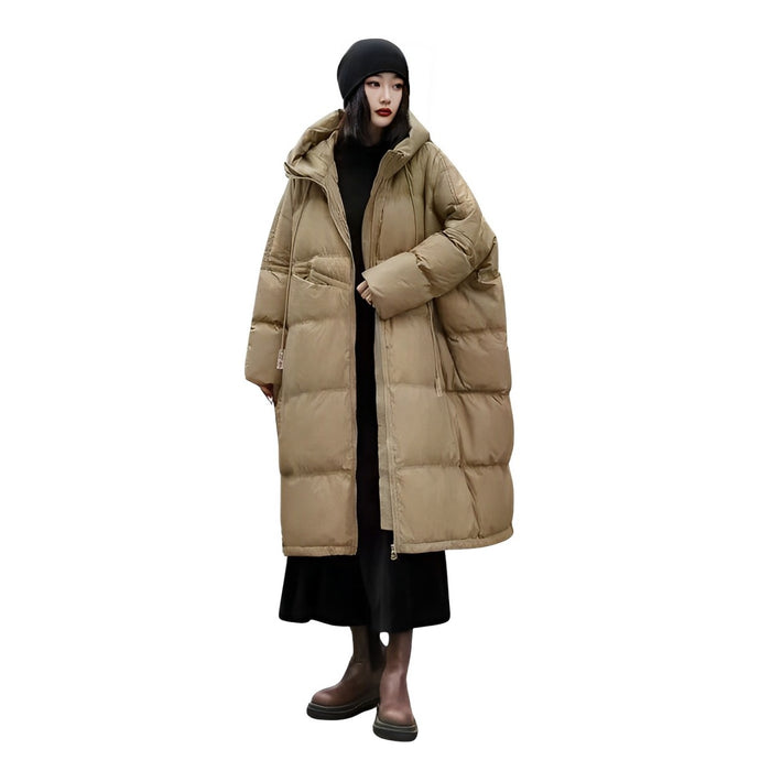 Anychic Puffer Jacket Khaki Womens Oversize Down Thick Warm Hooded Long Winter Coat