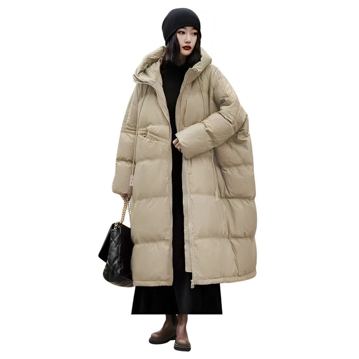 Anychic Puffer Jacket Beige Womens Oversize Down Thick Warm Hooded Long Winter Coat