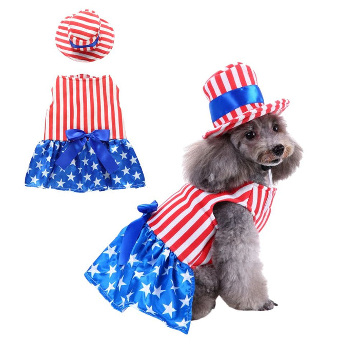 Anywags Pet Clothes American Flag Themed With Hat Dog Cat Dress Outfit Holiday Costume Accessories