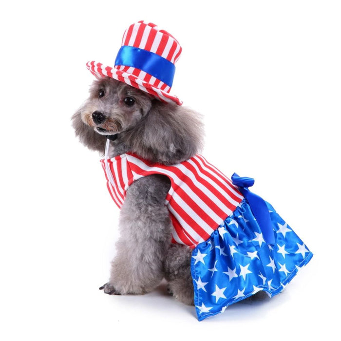 Anywags Pet Clothes American Flag Themed With Hat Dog Cat Dress Outfit Holiday Costume Accessories