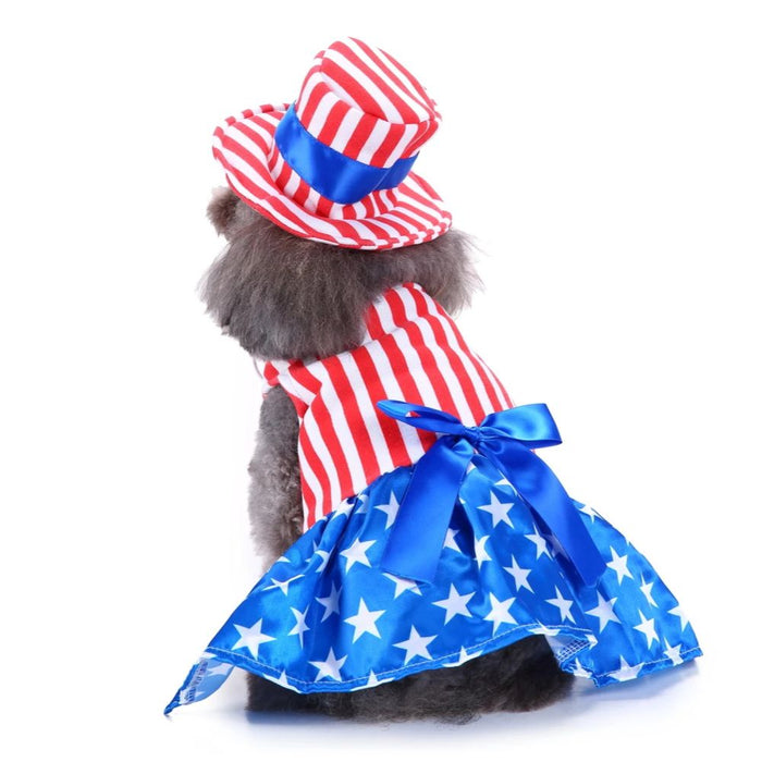 Anywags Pet Clothes American Flag Themed With Hat Dog Cat Dress Outfit Holiday Costume Accessories