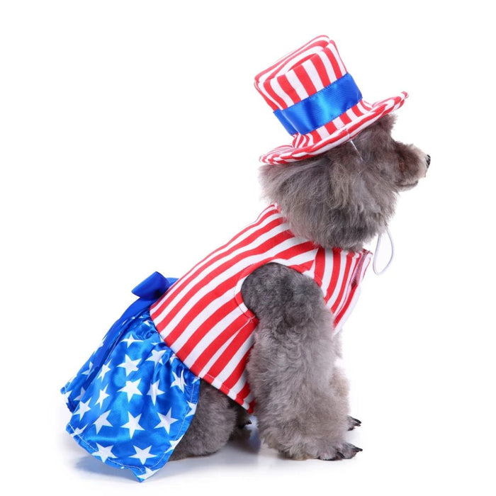 Anywags Pet Clothes American Flag Themed With Hat Dog Cat Dress Outfit Holiday Costume Accessories