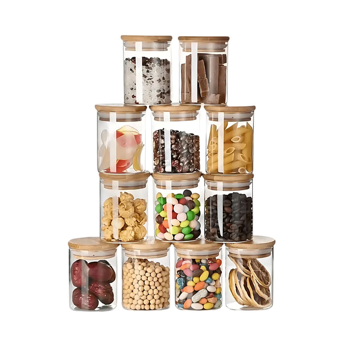 Anygleam Condiments Container 12Pcs Glass Jar Storage With Airtight Wooden Lids Canister