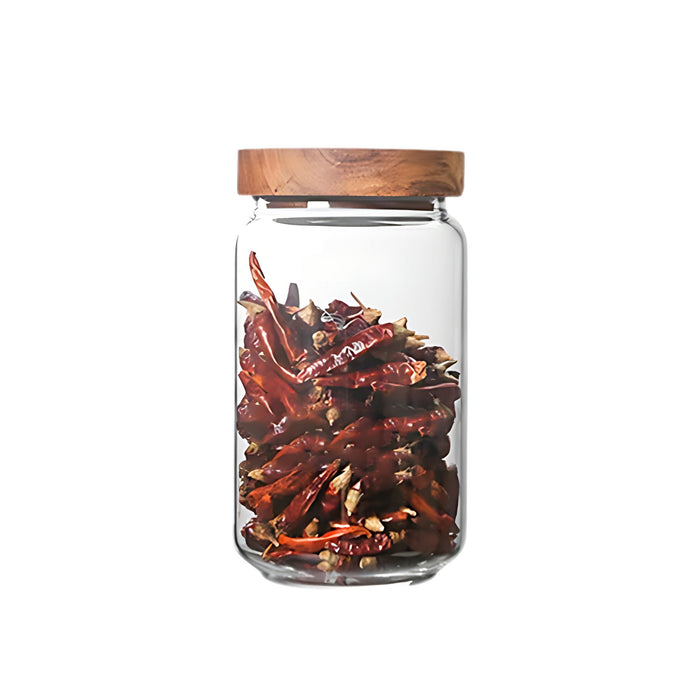 Anygleam Condiments Container Round Glass Jar Storage with Airtight Wooden Lid Canister