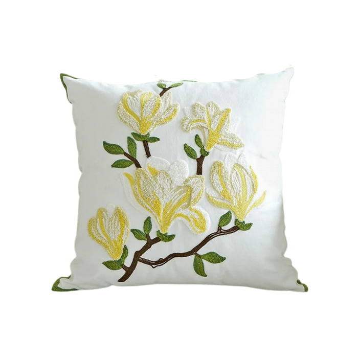 Anyhouz Pillowcase White With Yellow Magnolia Flower Embroidered Decorative Cushion Cover