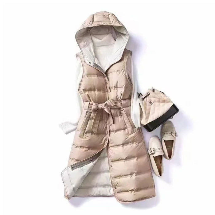 Anychic Puffer Vest Khaki Womens Sleeveless Winter Long Belted with Hood