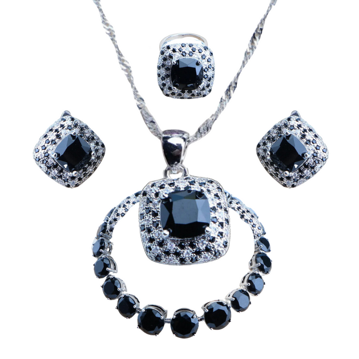 Anyco Jewelry Set 4Pcs Black Square Stone Zircon 925 Silver Ring Necklace Bracelet And Earrings Women Fashion Accessories