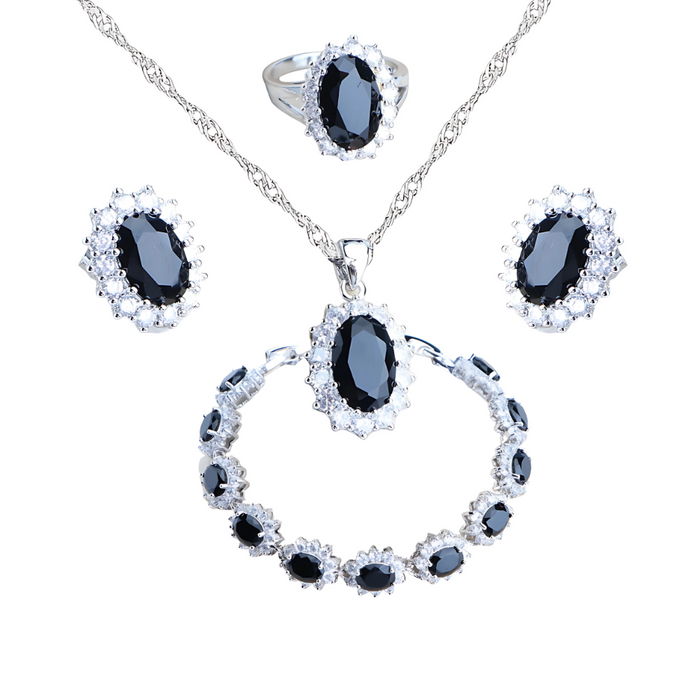 Anyco Jewelry Set 4Pcs Black Halo Style Zircon 925 Silver Floral Ring Necklace Bracelet And Earrings Women Fashion Accessories