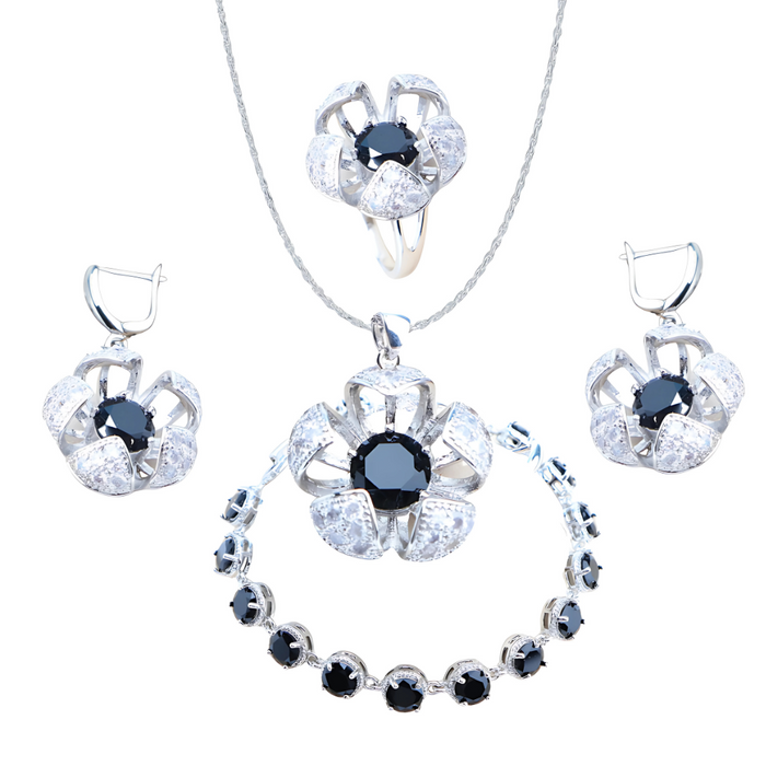 Anyco Jewelry Set 4Pcs Black Round Stone Zircon 925 Silver Floral Ring Necklace Bracelet And Earrings Women Fashion Accessories